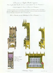 Französische und burgundische Möbel aus dem 15. Jahrhundert, aus Monuments Francais, Lithographie von Amedee Peree, 1839